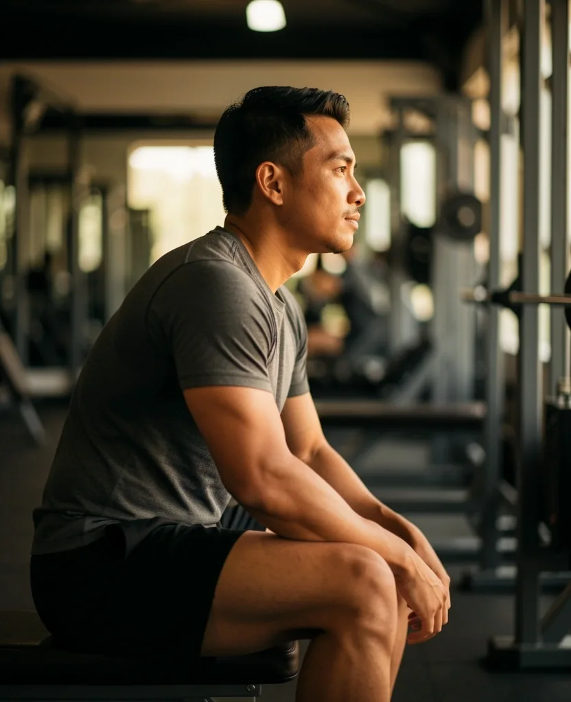 A man resting after exercise in warm low-key lighting