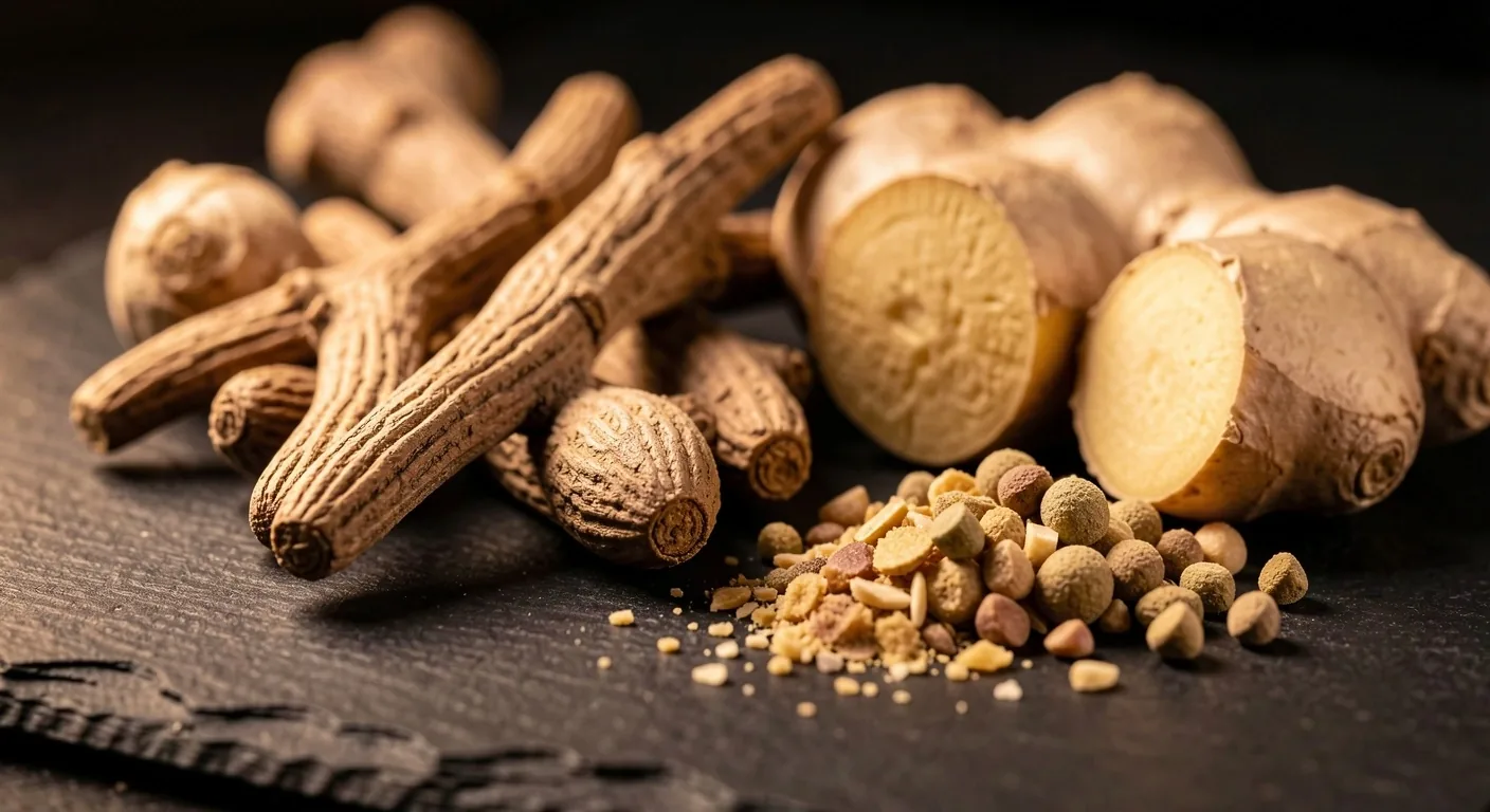 Botanical supplement ingredients on a dark surface