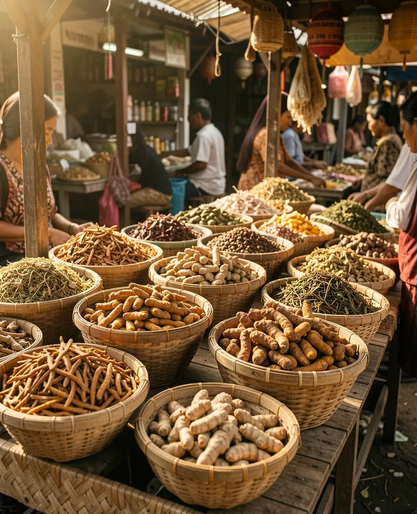 Indonesian market stall with dried botanicals