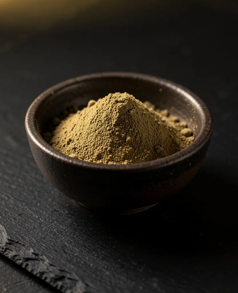 Ashwagandha root powder in a dark bowl