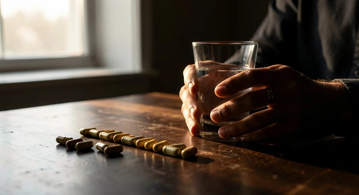 Man preparing to take supplements with water
