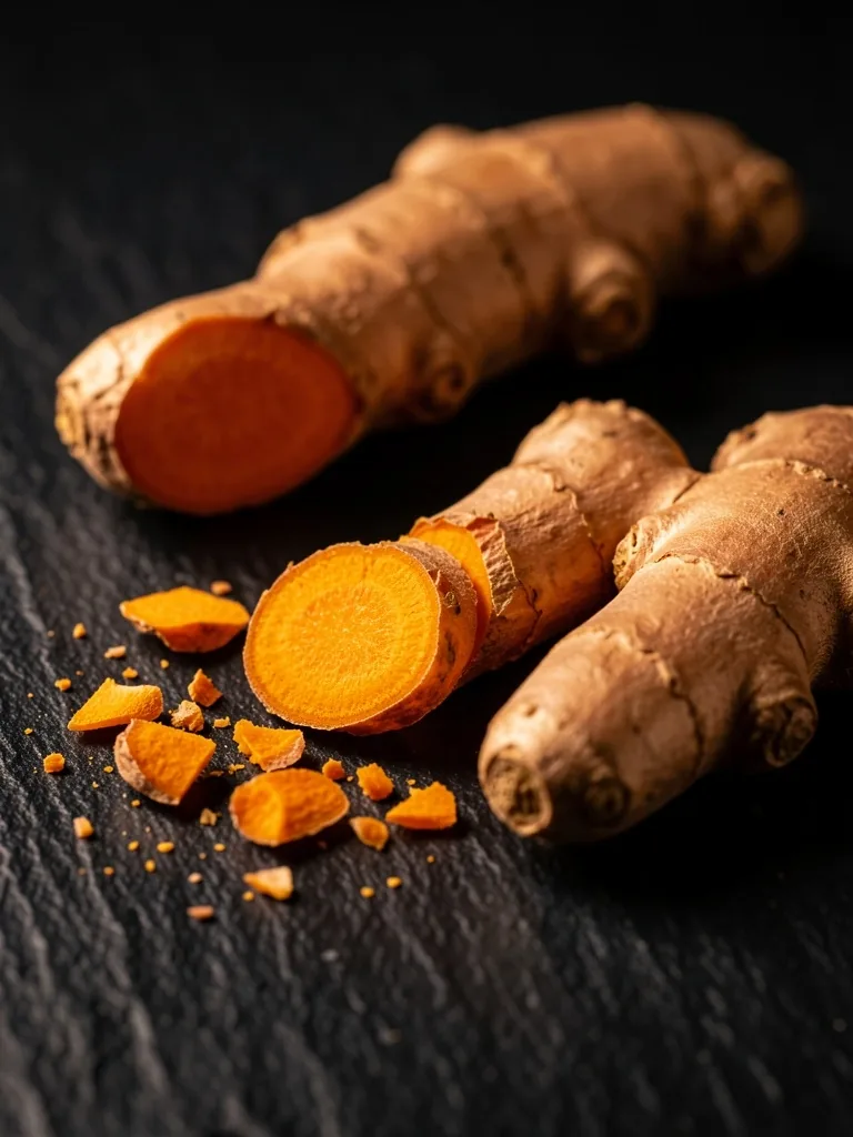 Turmeric and ginger on a dark stone surface