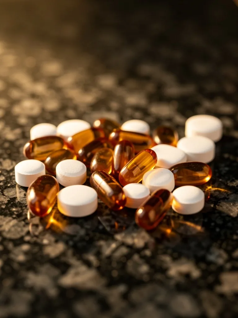 Vitamin capsules on a stone surface