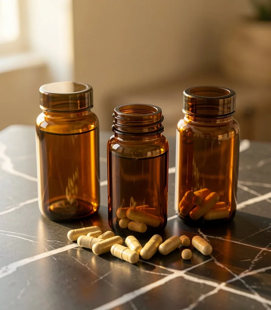 Amber supplement bottles on a dark marble surface