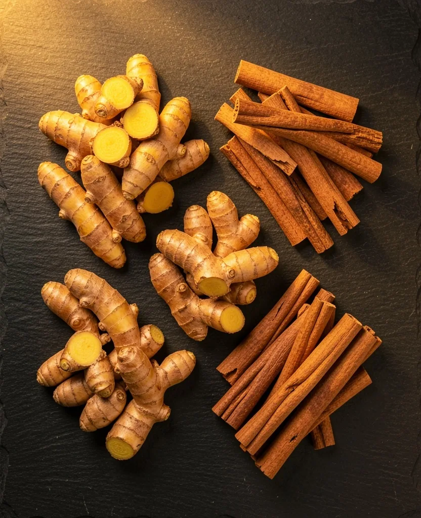 Assorted botanical ingredients arranged on dark surface