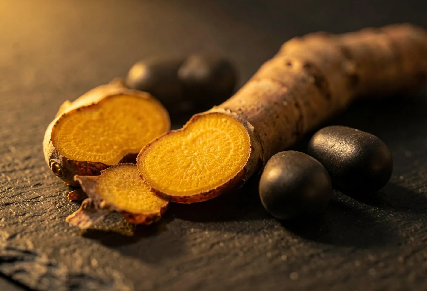 Botanical ingredients and capsules on dark surface