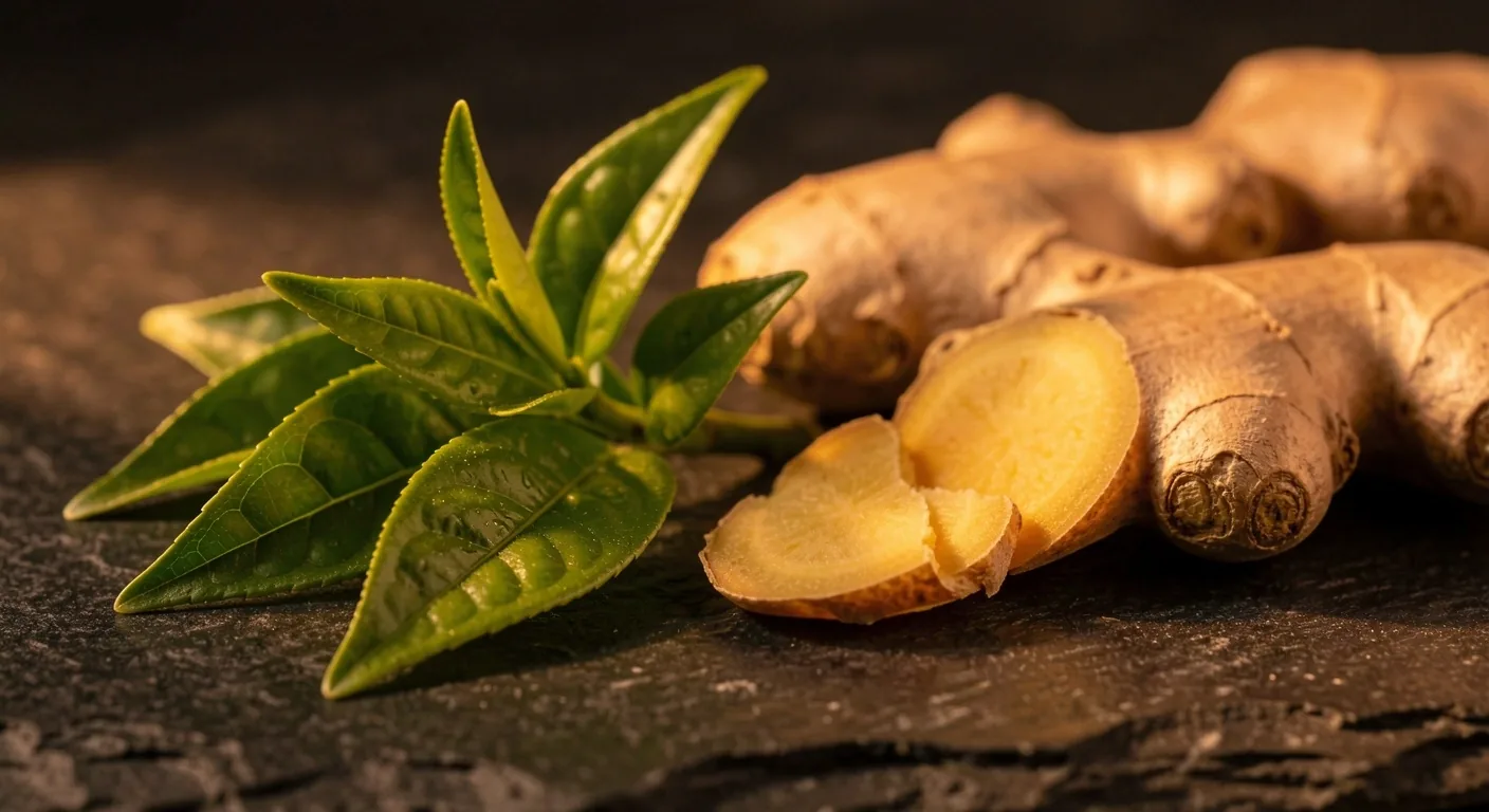 Green tea leaves and ginger root on dark stone